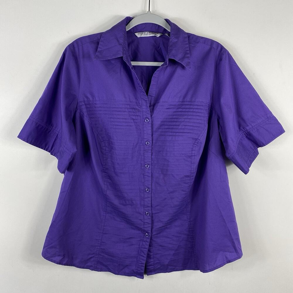 Larry Levine Signature Button Top 1X Purple Short Sleeve Pleated Shirt Blouse